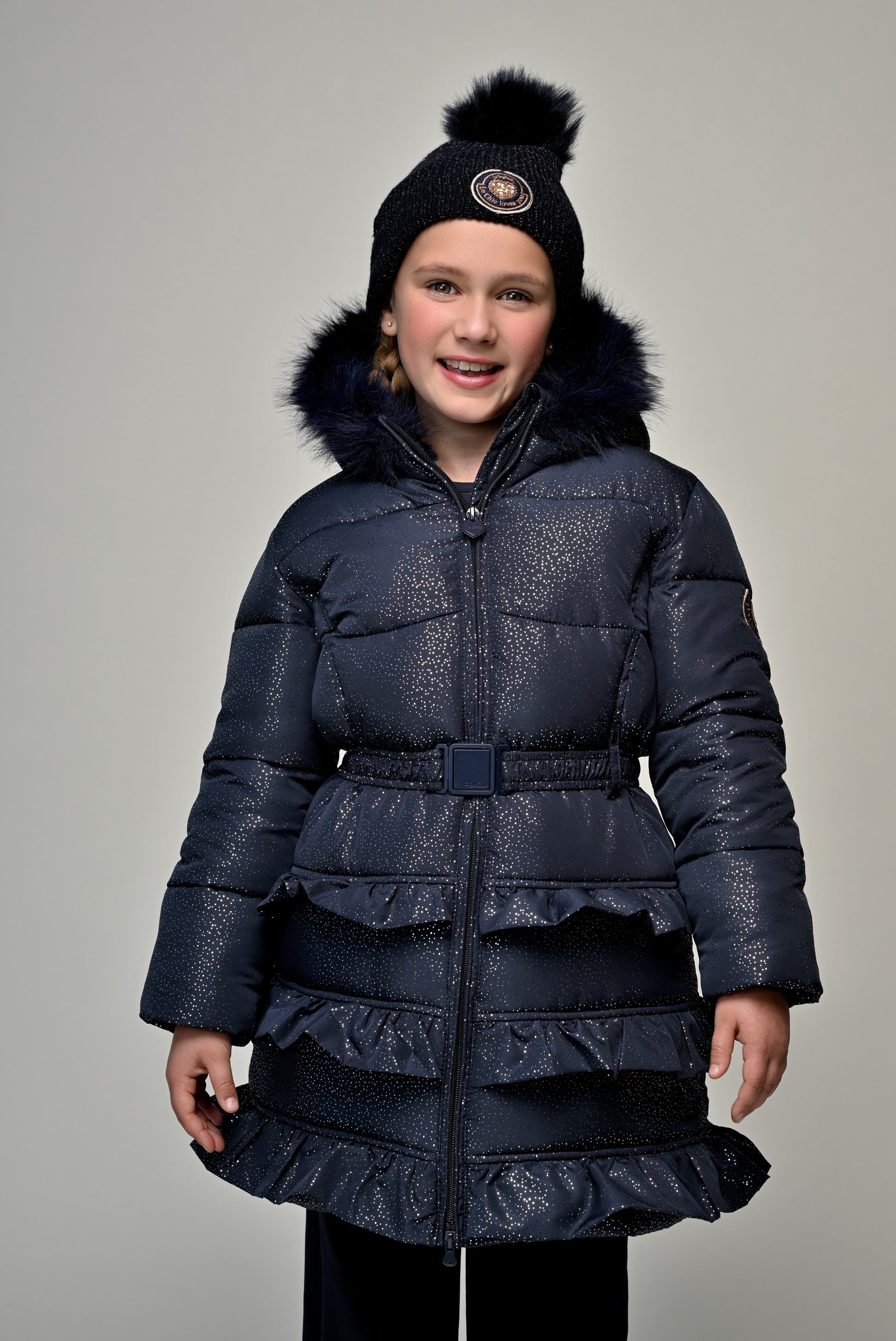 Le Chic - ruffle long coat navy