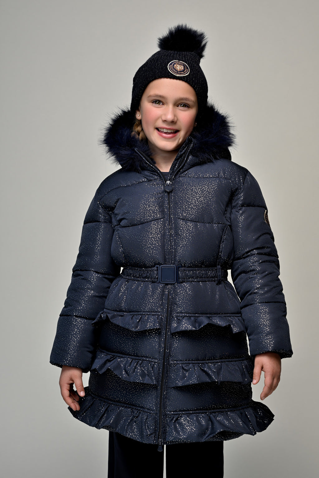 Le Chic - ruffle long coat navy