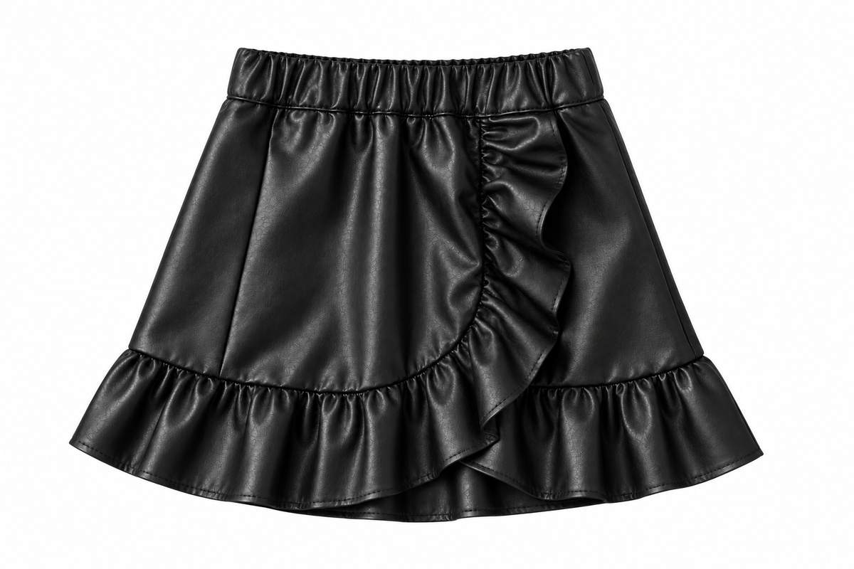Zwarte lederlook rok met ruches